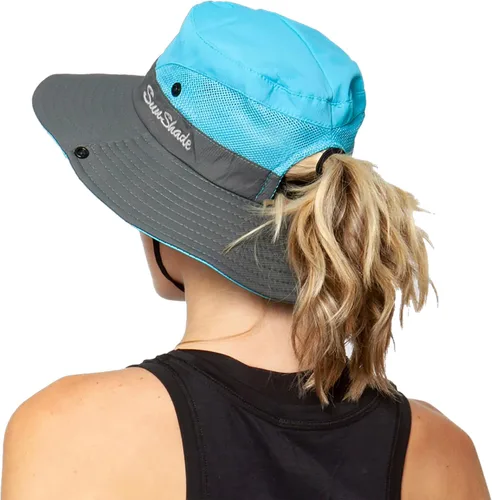 Vista 60 de Sombrero de pesca de playa de ala ancha para mujer, con protección UV, plegable, con agujero para cola de caballo