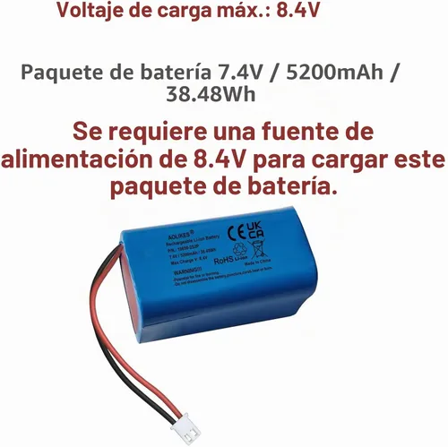 Vista 4 de AOLIKES Batería de iones de litio de 7.4 V 5200 mAh, batería recargable con enchufe XH2.54-2Pin, baterías de bricolaje 18650 2S2P Li-ion