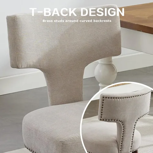 Vista 5 de SoarFlash Juego de 2 sillas de comedor modernas de madera, silla tapizada de tela de lino de granja, respaldo curvado con clavos de cobre alrededor