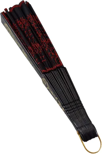 Vista 6 de InnoLife Elegante abanico de mano plegable con flores bordadas y patrón de pavo real con lentejuelas en tela artesanal (5 piezas, rojo)