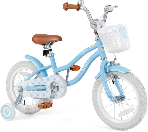 Vista 10 de COSTWAY Bicicleta para niños de 12, 14, 16, 18 pulgadas, bicicleta para niños con ruedas de entrenamiento, frenos de mano y posavasos, sillín