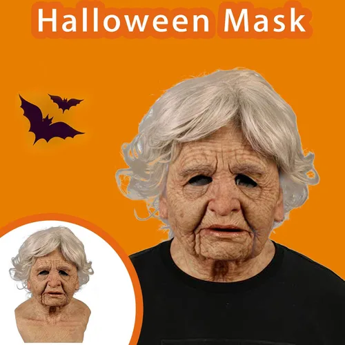 Vista 4 de Máscara realista de anciana, máscara realista de abuela, máscara espeluznante para adultos, máscara de miedo de Halloween, máscara facial