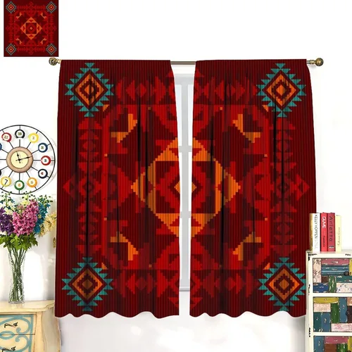 Vista 352 de Cortinas con patrón geométrico tribal, estilo suroeste, azteca, rústico, occidental, nativo americano, opacas, con bolsillo para barra, decoración