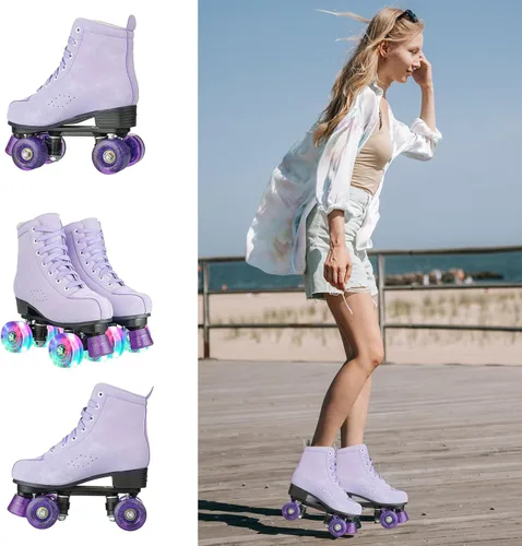 Vista 3 de YYW Patines de ruedas para mujeres y niñas, zapatos de tacón alto, patines de dos filas, brillantes, de cuatro ruedas, unisex, de piel sintética
