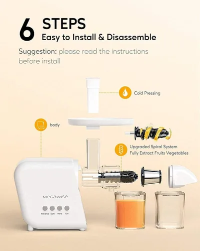 Vista 10 de MegaWise Exprimidor de masticación lenta de prensa en frío, tecnología silenciosa de prensa en frío, modos de doble velocidad, extractor de frutas