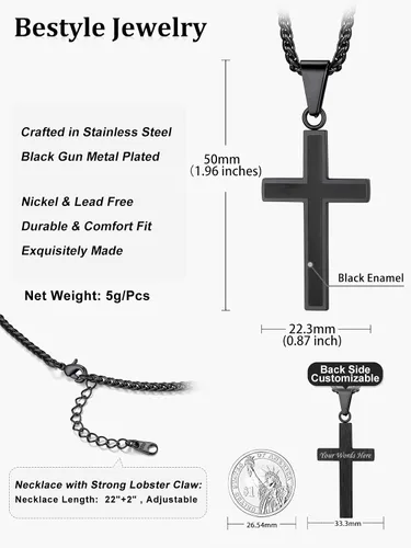 Vista 8 de Bestyle Collar de cruz simple para hombre, cadena de acero inoxidablenegrooro para hombres con colgante de cruz, regalos de bautismo religioso