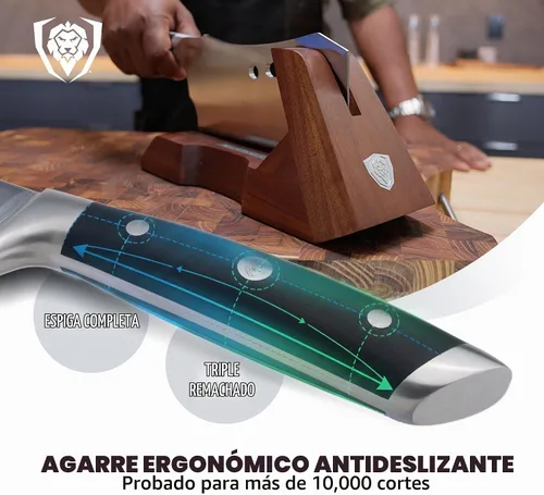 Vista 4 de Cuchillo Dalstrong Obliterator para carne y verduras - 9 pulgadas - Serie Gladiator R - Soporte de madera y funda protectora - Cortador de huesos