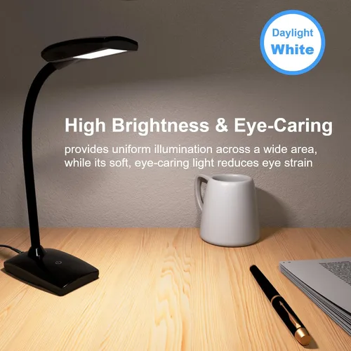 Vista 5 de Lámpara de escritorio LED de 3 brillos regulables para el cuidado de los ojos, lámpara de mesa negra, cuello de cisne flexible, luz de escritorio