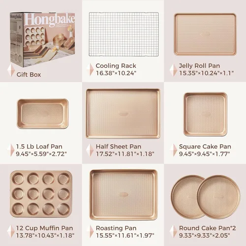 Vista 6 de HONGBAKE Juego de 9 moldes para hornear antiadherentes, apilables no tóxicos con textura de diamante, juego de bandejas para horno para cocinar