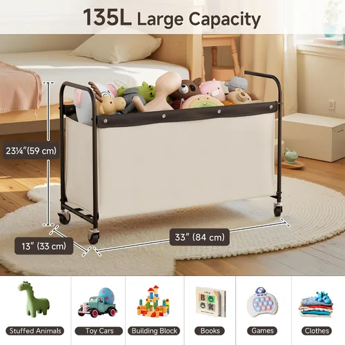 Vista 2 de StorageWorks Caja de juguetes con ruedas para niños, baúl grande de almacenamiento y organizador de juguetes de 135 litros, caja de juguetes de Beige