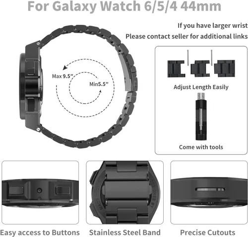 Vista 2 de Funda de lujo con correa diseñada para Samsung Galaxy Watch 6/5/4 de 1.732 pulgadas, resistente funda protectora militar de metal con correa táctica