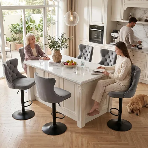 Vista 41 de SoarFlash Juego de 2 taburetes de bar tapizados de terciopelo moderno con patas de madera, botones acolchados, cabeza de clavo cromada, asiento