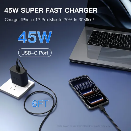 Vista 3 de Bloque de carga súper rápido Samsung de 45 W, paquete de 2 bloques de carga rápida tipo C con cable de carga USB C de 3 pies