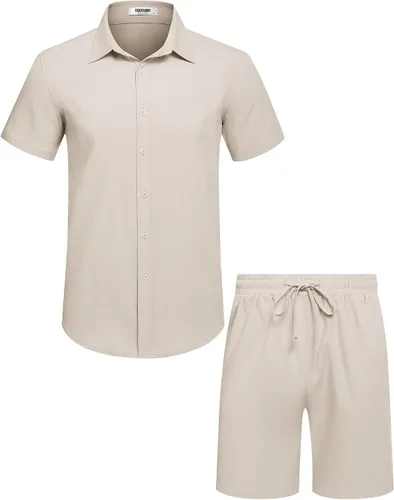 Vista 8 de COOFANDY Conjunto de 2 piezas de algodón y lino para hombre, camisas de manga corta con botones, pantalones cortos de playa de verano, trajes