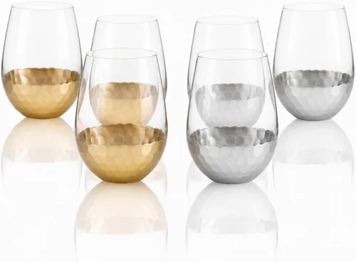 Vista 11 de Copas de vino sin tallo, juego de 2, 18 onzas, diseño de panal dorado