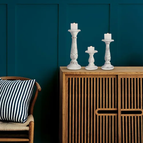 Vista 5 de Mela Artisans Pakshi - Juego de 3 portavelas de madera de mango de 6, 9 y 12 pulgadas, color blanco envejecido, portavelas de madera para mesa