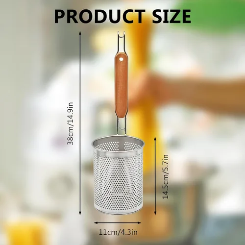 Vista 3 de Colador de Pasta de Acero Inoxidable, 2 piezas Colador de Fideos y Dumplings de Alimentos Microperforado con Mango de Madera, Cestas para Colar
