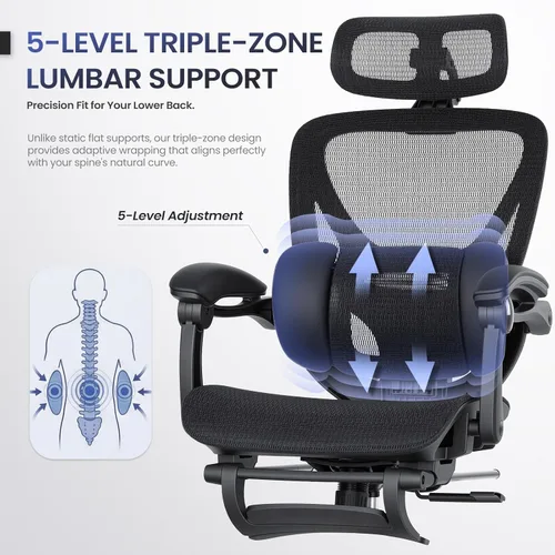 Vista 4 de MALOL Silla de oficina ergonómica de malla con reposapiés, silla ejecutiva de escritorio de computadora con respaldo alto con reposacabezas