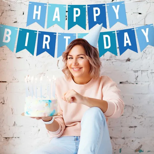 Vista 8 de Cartel de feliz cumpleaños pre-encordado, pancarta azul para fiesta de cumpleaños No DIY – Pre-encordado en hebras de 6 pies – Decoración azul