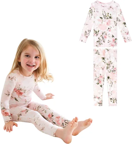 Vista 10 de Posh Peanut Pijamas para niñas, suaves, de viscosa de bambú para niños, pijamas a juego de manga larga para niñas