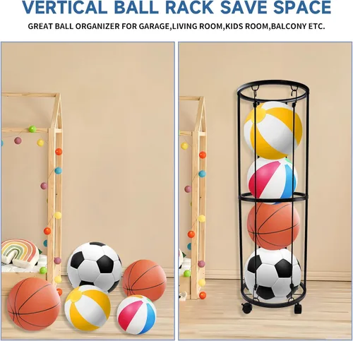 Vista 4 de Qivine Soportes de baloncesto de garaje para pelotas, organizador de equipo deportivo rodante con ruedas, 40 x 13.2 pulgadas, almacenamiento