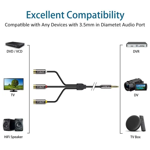 Vista 3 de J&D Cable de 0.138 in a 3RCA, carcasa de cobre chapada en oro, resistente, 0.138 in, 1/8 pulgadas, macho TRRS a 3 RCA hembra, cable adaptador