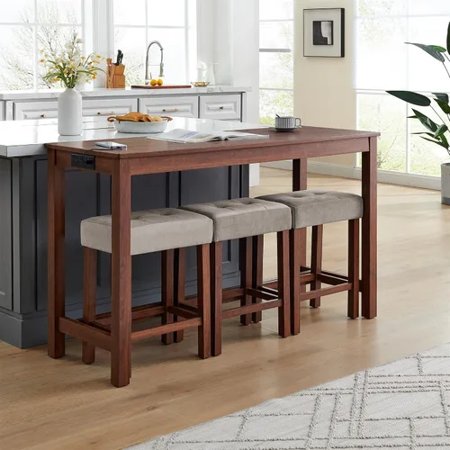 Vista 11 de Knocbel Juego de mesa de bar rectangular de altura de mostrador industrial para 3 personas con toma de corriente, juego de comedor de 4 piezas
