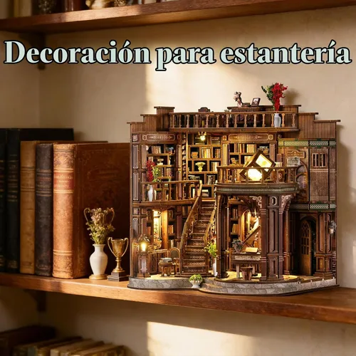 Vista 3 de Kit de rincón de libros, rompecabezas de madera 3D en miniatura, sujetalibros con luz LED, decoración de estantería de flor de cerezo para libros
