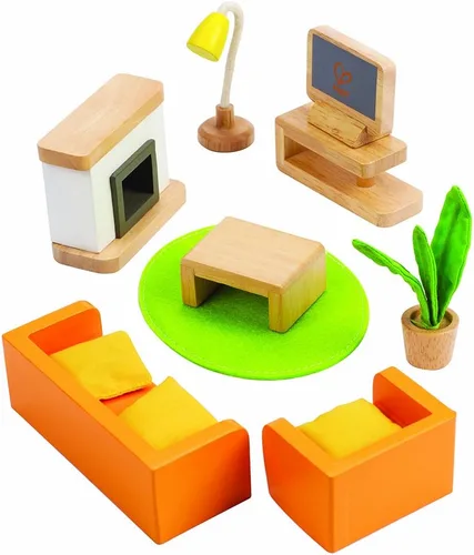 Vista 3 de Hape juego de sala con muebles multimedia, casa de muñecas, de madera