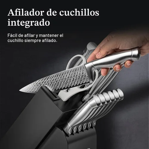 Vista 5 de Emojoy - Juego de cuchillos de cocina de 15 piezas con bloque y afilador integrado, juego de bloques de cuchillos de acero inoxidable alemán de alto