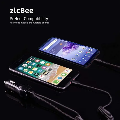 Vista 3 de Cargador de coche para iPhone, 3.6A/18W, cable en espiral integrado de 4.9 pies, adaptador de enchufe de encendedor de cigarrillos de carga rápida