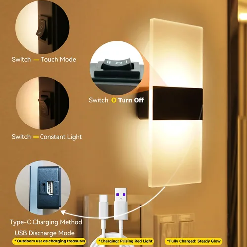 Vista 3 de Apliques de pared con pilas, juego de dos lámparas de pared LED de acrílico para mesita de noche para sala de estar, dormitorio, pasillo, luz