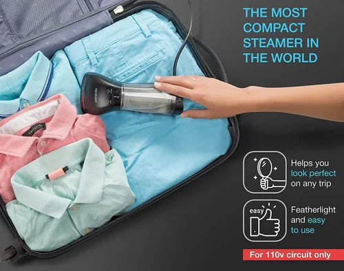 Vista 5 de Polardo Vaporizador de ropa de viaje, vaporizador portátil compacto de mano con tecnología antiderrames de 360°, removedor de arrugas profesional