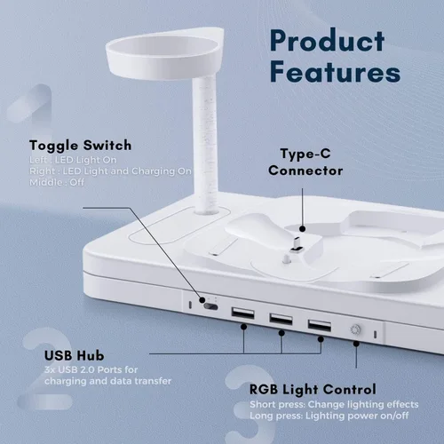 Vista 4 de TNP Base de carga para Oculus Quest 2 Estación de carga de auriculares y controlador de realidad virtual con luz RGB y 3 puertos USB 2.0 Cable