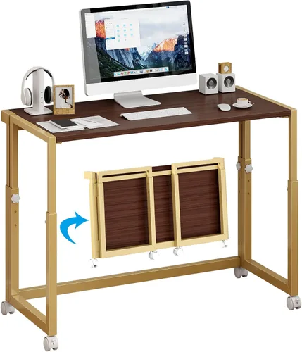 Vista 10 de JSB Escritorio plegable ajustable de 33.2 pulgadas para espacios pequeños, mesa portátil móvil para computadora portátil con ruedas, escritorio Negro