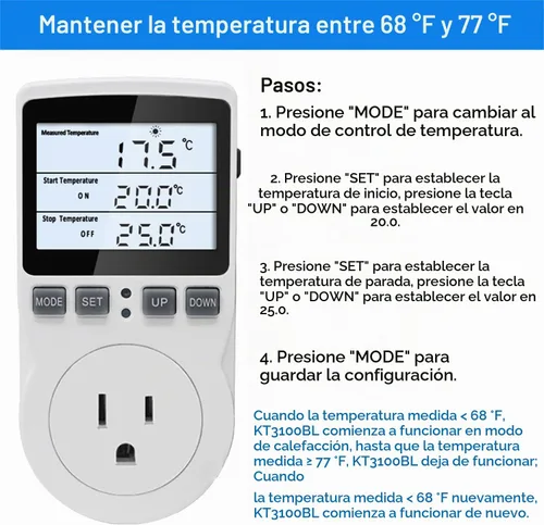 Vista 5 de KETOTEK Termostato de enchufe controlador de temperatura digital con retroiluminación LCD 120V, enchufe de control de temperatura de calefacción