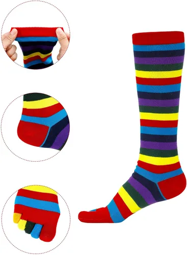 Vista 2 de 2 pares de calcetines con punta de arco iris, calcetines de 5 dedos, calcetines altos a rayas coloridas para Navidad, niñas y mujeres (arcoíris)