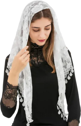 Vista 3 de PAMOR Mass Veil Triángulo Mantilla Catedral Cubierta Cabeza Capilla Velo Encaje Mantón Latino Bufanda