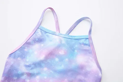 Vista 3 de iLover Traje de baño brillante de una pieza para niñas con espalda cruzada, traje de baño de playa con correa ajustable de 4 a 10 años