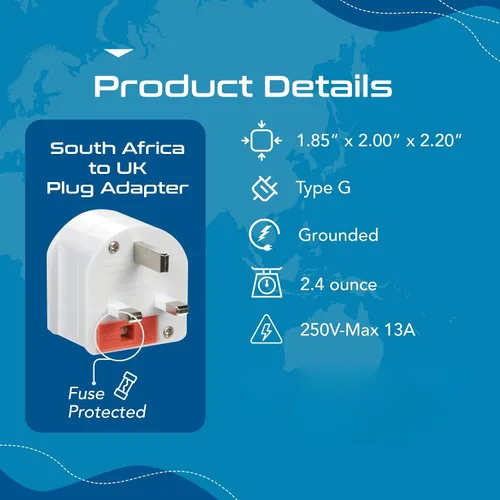 Vista 5 de Ceptics GP-SA-UK - Adaptador de enchufe con conexión a tierra de Sudáfrica a Reino Unido (250V - Max 13A), color blanco