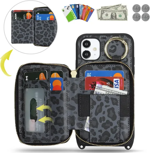 Vista 2 de Funda tipo cartera cruzada para iPhone 11, de piel sintética con cierre de cremallera, estilo bolso de mano, con función atril, ranuras