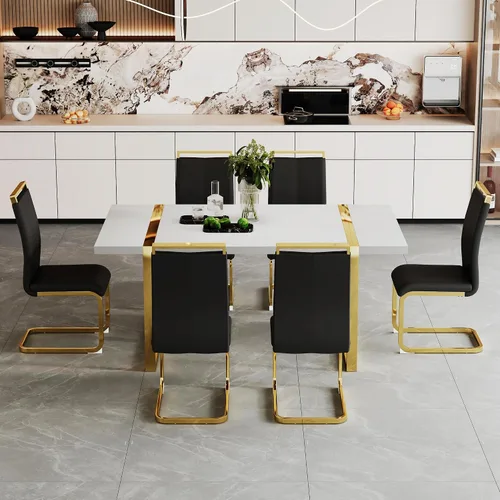 Vista 7 de Ebullient Juego de Mesa de Cocina Rectangular de MDF Blanca y Sillas de Comedor de Cuero Set de 6, Mesa de Comedor con Marco de Metal Dorado Moderno