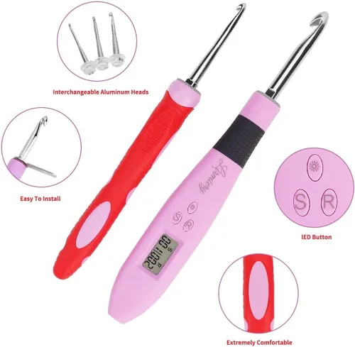 Vista 2 de Juego de Ganchos de Ganchillo con Cuenta Digital, Gancho de Ganchillo Ergonómico con Luz LED y 2 Niveles de Brillo Ajustable, Ganchos de Ganchillo