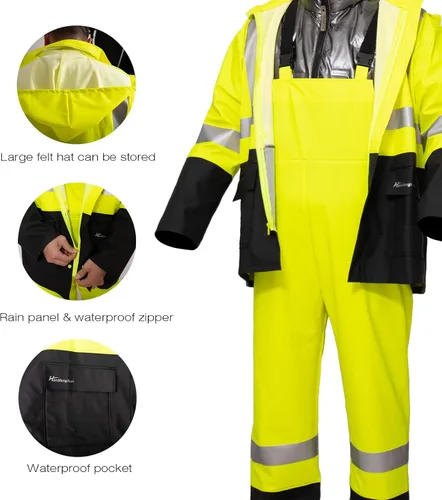 Vista 3 de HAOKAISEN Traje de lluvia para hombre, resistente al agua, alta visibilidad, reflectante, chaqueta de lluvia con pantalones de babero