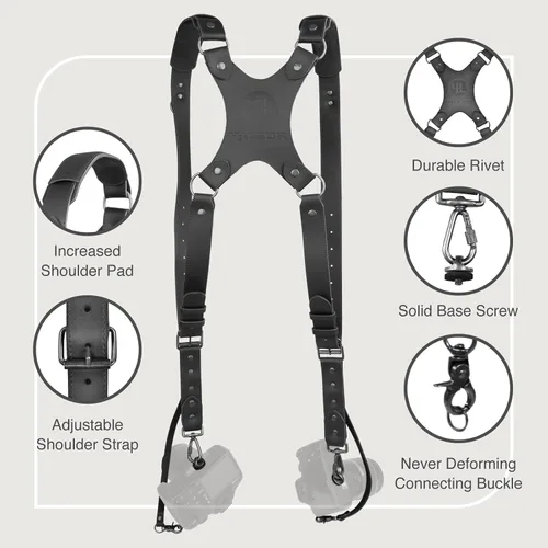 Vista 5 de Leather Dual Camera Harness Strap for Photographers,Adjustable Shoulder Crossbody Padded Harness for DSLR SLR