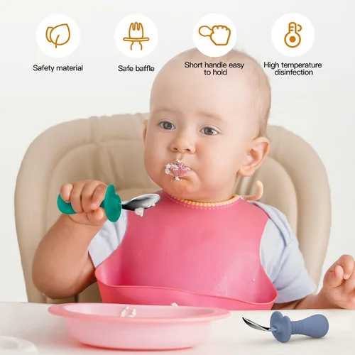 Vista 2 de Juego de 4 cucharas para bebés, juego de cubiertos para niños con mango de silicona, cucharas seguras para niños de acero inoxidable 18/8, sin BPA