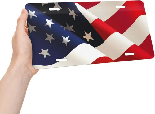 Vista 3 de Placa de matrícula patriótica con bandera americana, estrellas y rayas de aluminio, cubierta de placa de matrícula delantera para automóvil