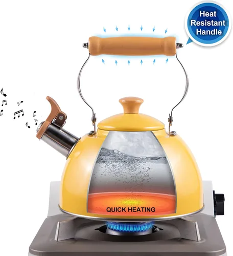 Vista 30 de ROCKURWOK - Tetera de estufa, tetera con mango ergonómico de tacto frío, tetera de acero inoxidable de grado alimenticio, tetera de estufa, tetera