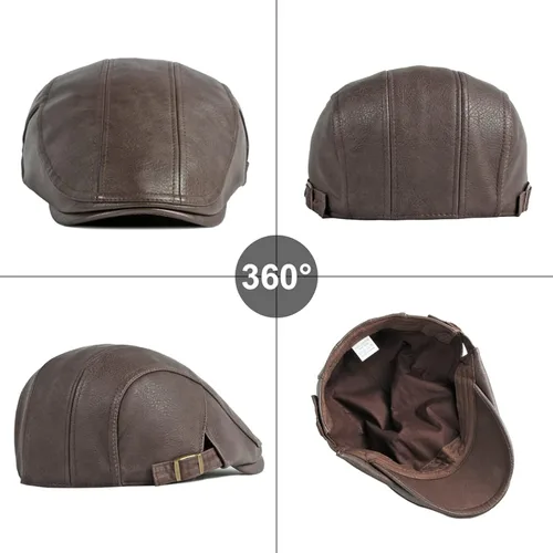 Vista 5 de Panegy Sombrero de periódico para hombre, gorra plana de piel sintética, sombrero de boina ajustable, sombrero de hiedra para conducir golf al aire