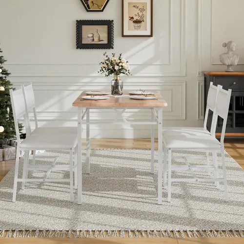 Vista 8 de VECELO Juego de mesa de comedor para 4 personas con sillas, mesa de cocina de 5 piezas y sillas acolchadas tapizadas para espacios pequeños, blanco
